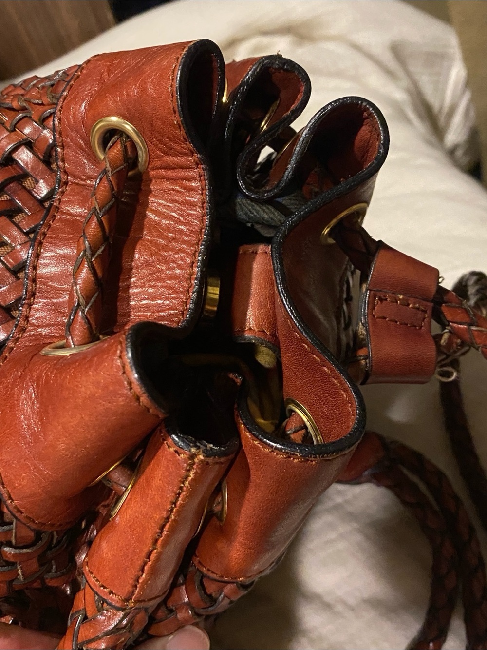 TALBOTS vintage woven leather mini sling purse drawstring bucket bag backpack - Picture 6 of 8